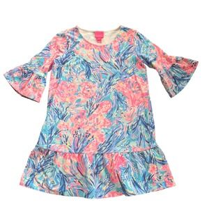 Lilly Pulitzer Girls Pink Blue Floral French Terry Bell Sleeve Dress Size L 12
